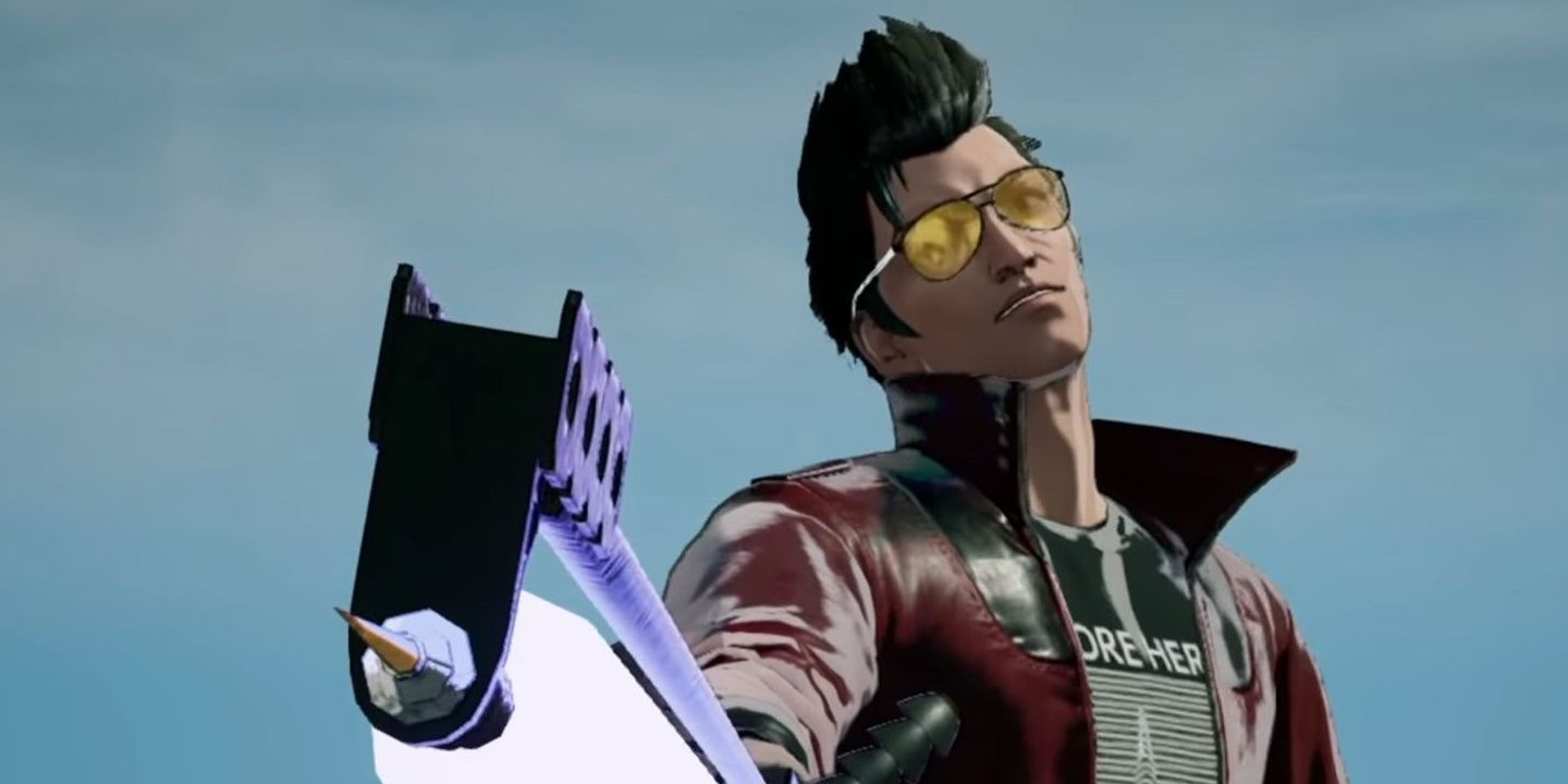 Travis Touchdown holding his beam katana in No More Heroes 3