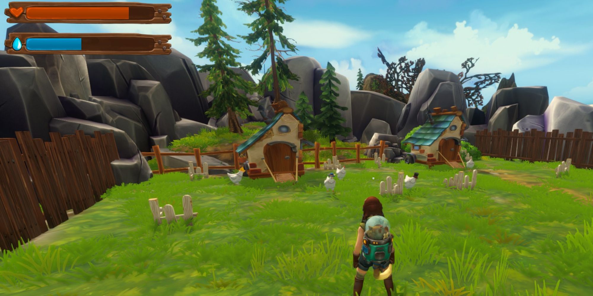 player looking at chicken coops on farm