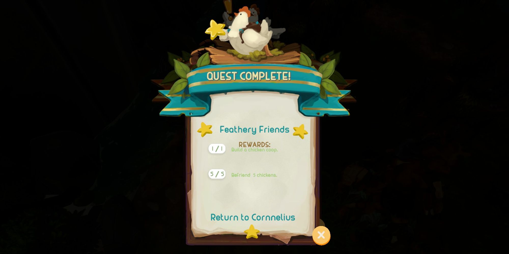 quest completion screen showing feathery friends quest