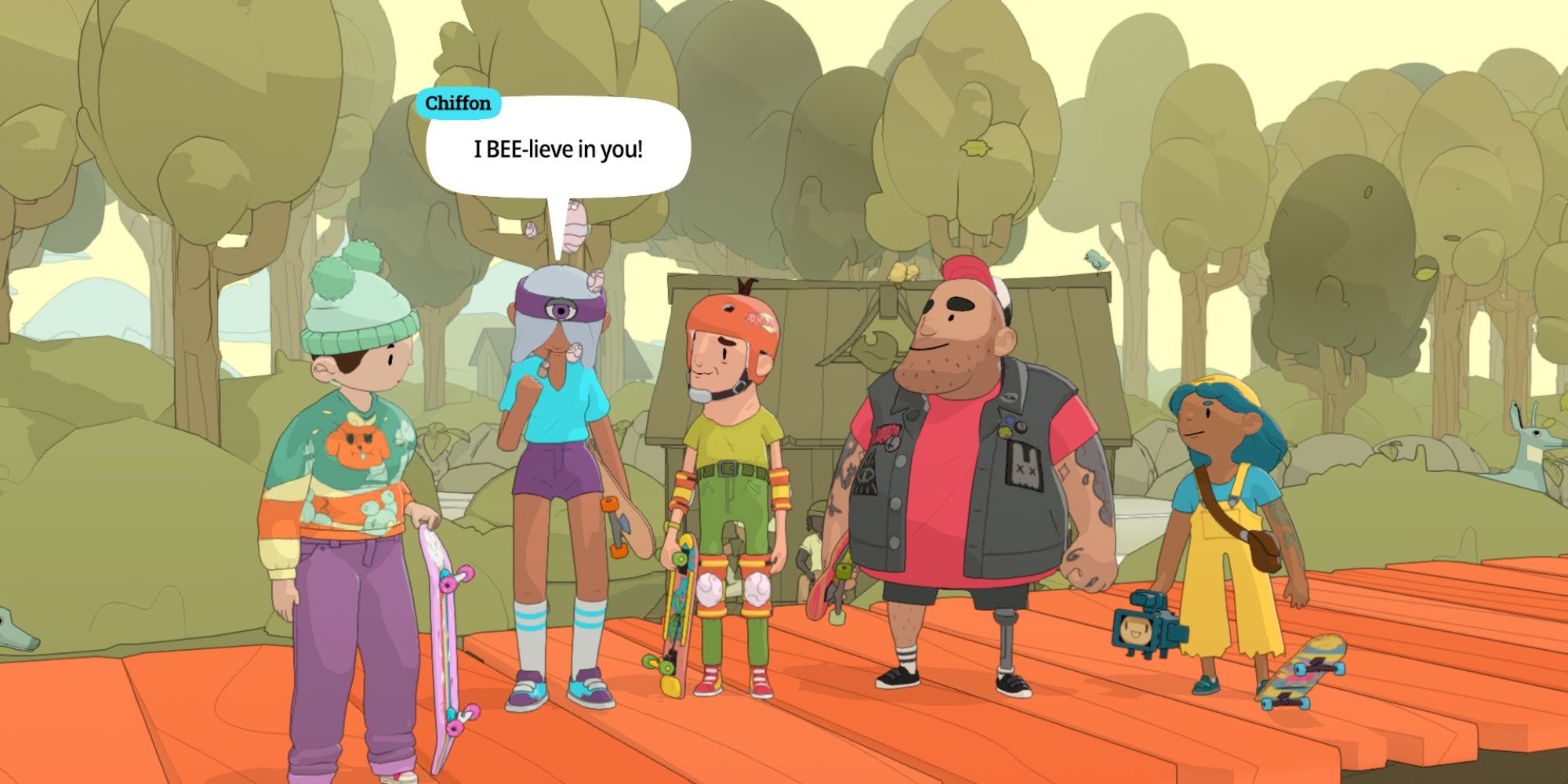 OlliOlli World Characters the player character stood next to The Squad which is comprised of Suze, Dad, Gnarly Mike and Chiffon who has a speech bubble above their head