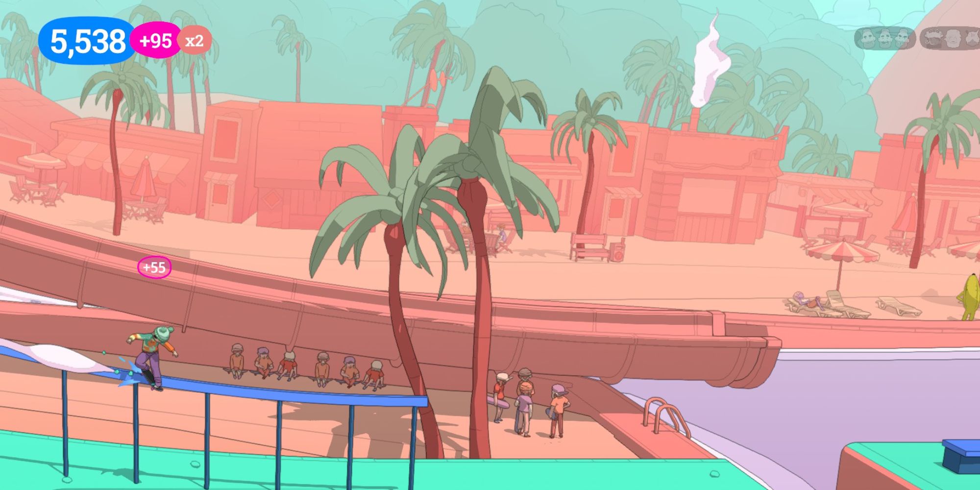 OlliOlli World Levels a wide angle shot of the player grinding across a blue beam in the level Coral Planks towards a palm tree with a group of people standing around and a waterslide in the background