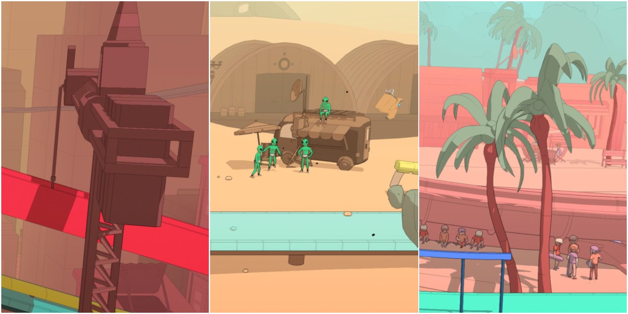 OlliOlli World Levels on the left is a crane in Bingo Lagoon, in the middle is a group of huddled aliens from the level Area 41 and on the right is a palm tree from the level Coral Planks