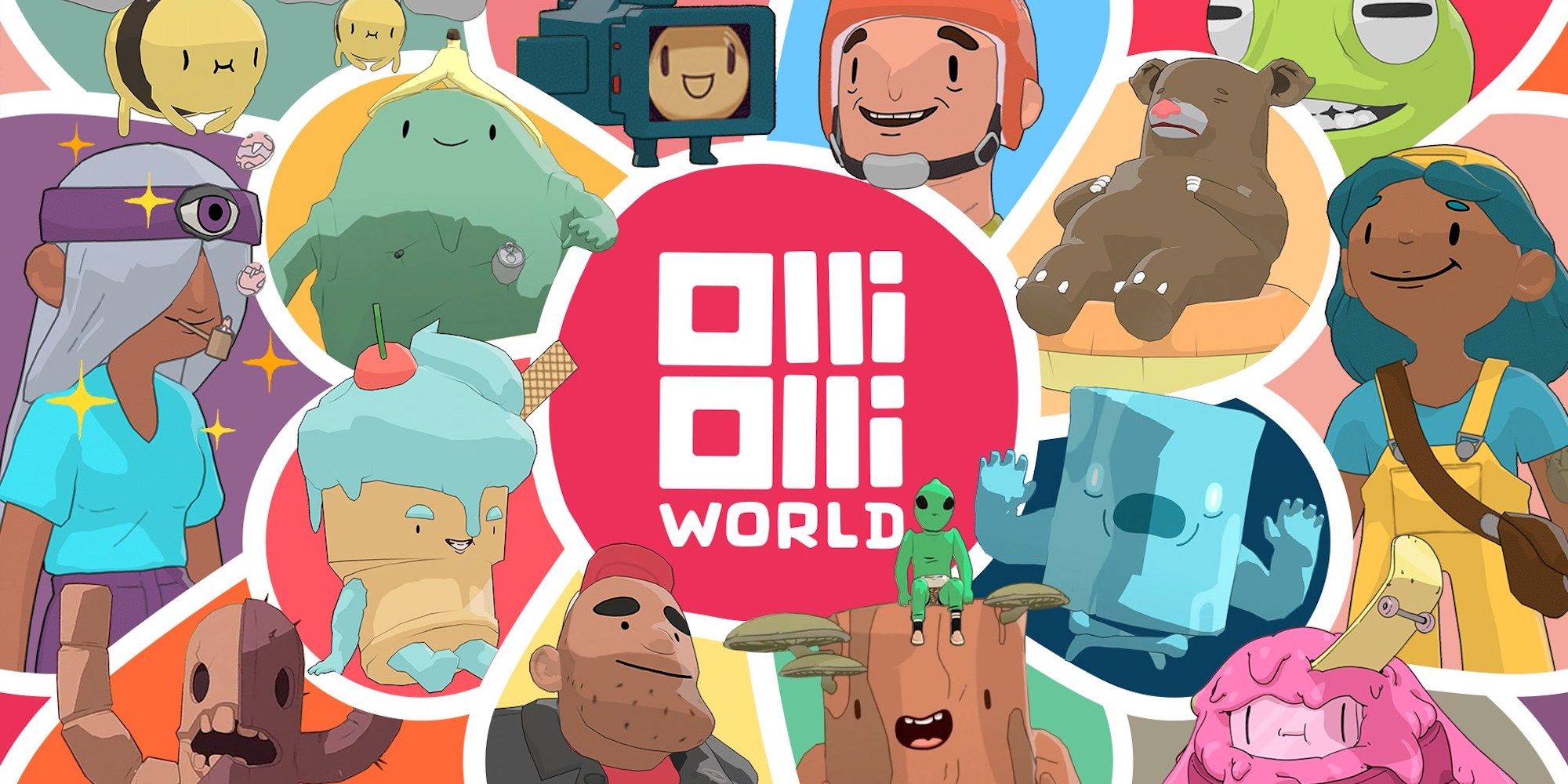 Mashup of OlliOlli World's characters including bee and ice cream cone