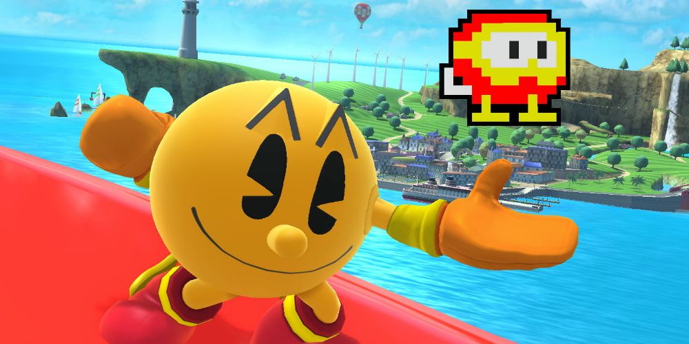 Pac-Man holds a Pooka in his Smash Bros taunt