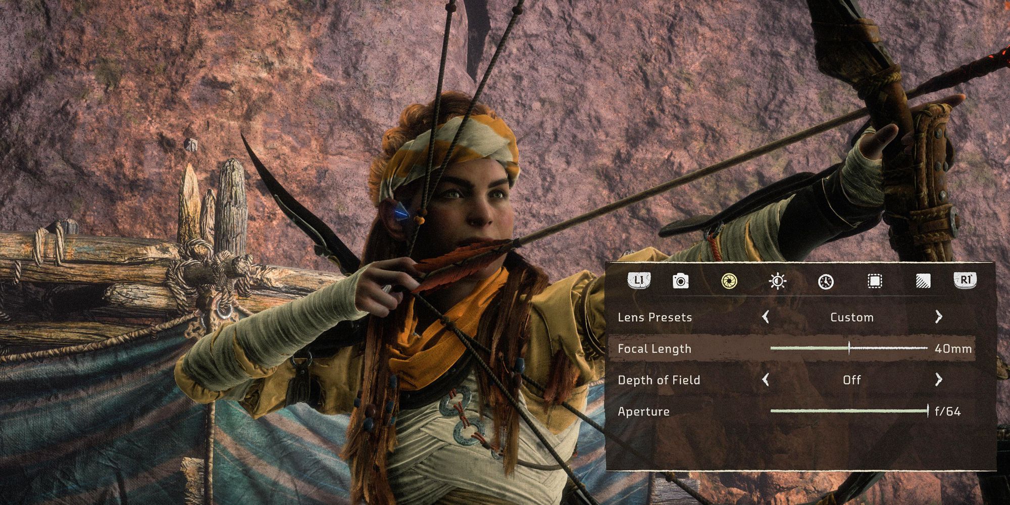Horizon Forbidden West photo mode. Aloy aiming her bow with photo mode options on the screen.