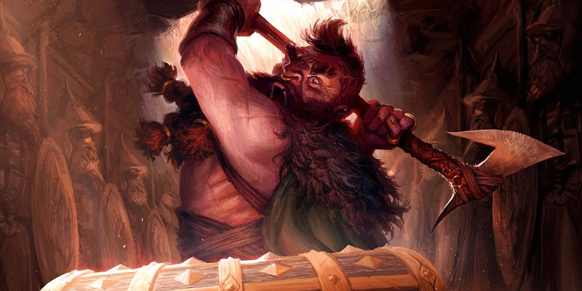 Plundering Barbarian by Andrew Mar, dwarf with a mad look attacking a chest with axe