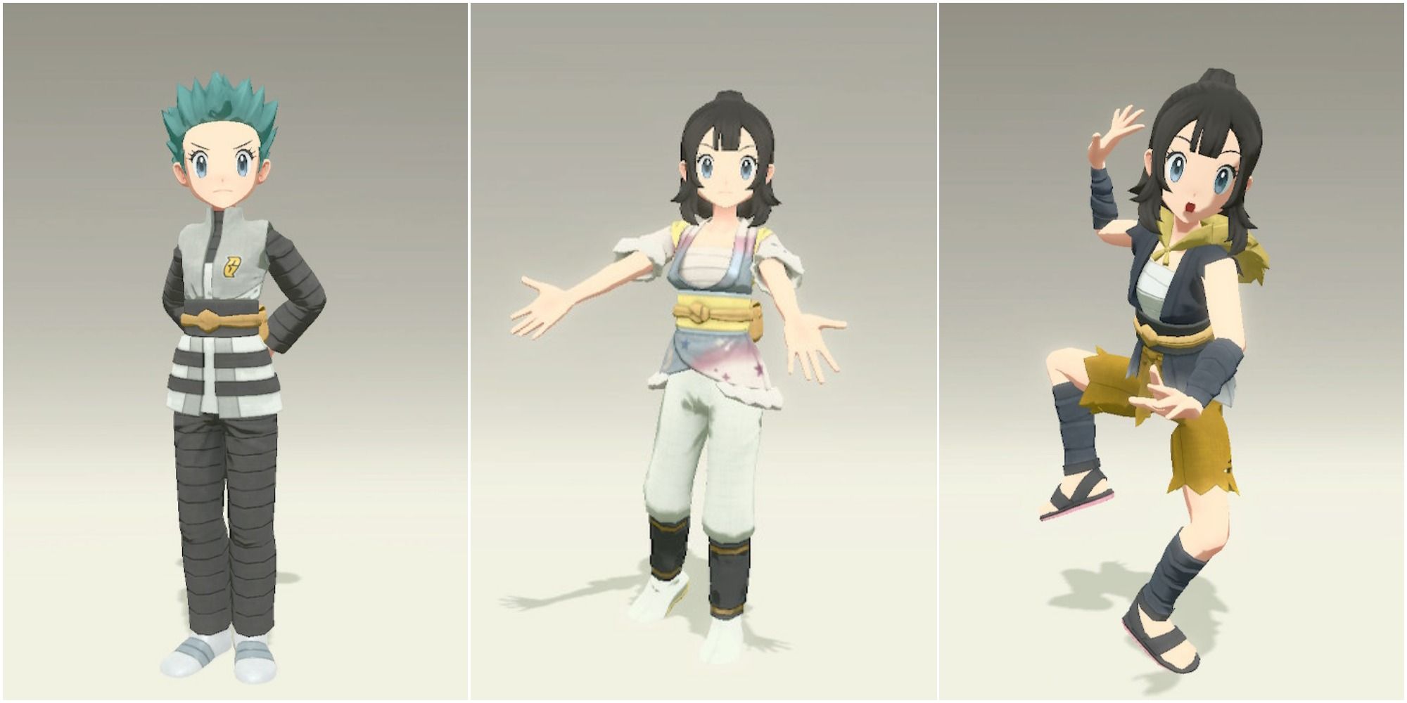 Pokemon: Legends Arceus split image screenshots of the Modern Outfit, Cresselia Fancy Kimono and Bandit Outfit.