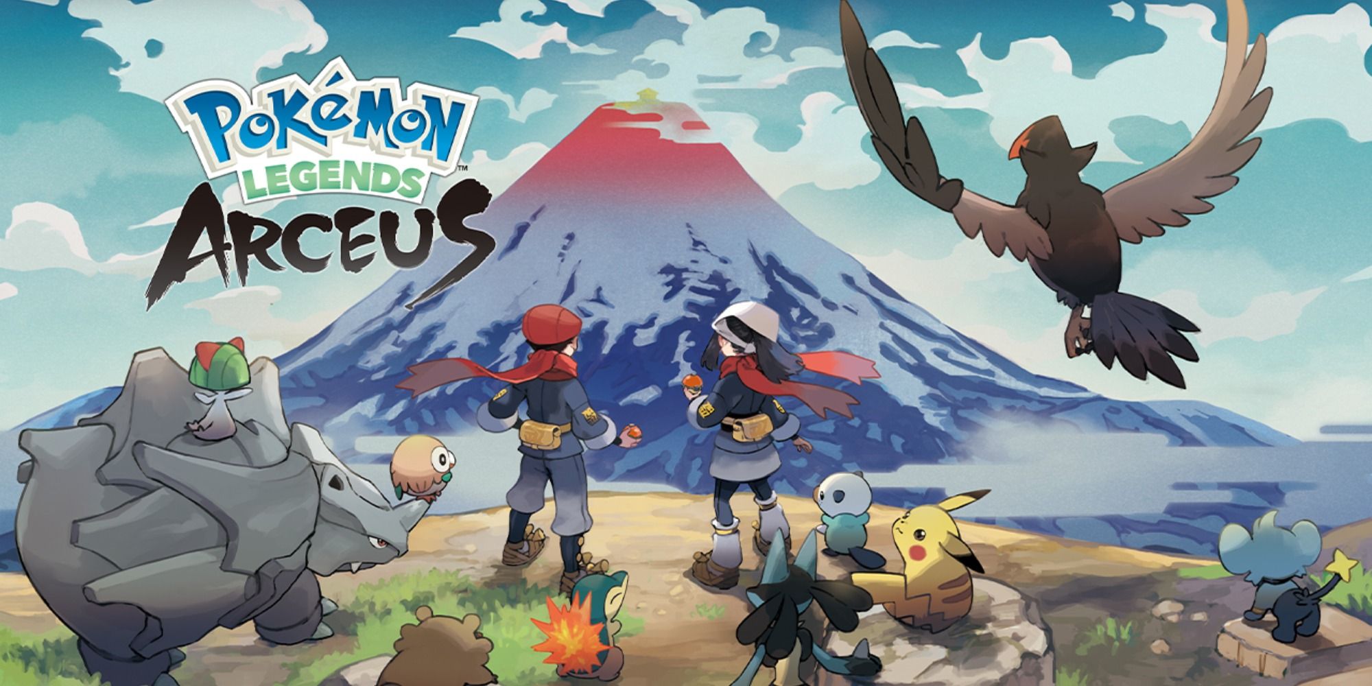 Pokemon Legends Arceus - The Pokemon Trainers Staring Out Over A Cliff With Pikachu, Lucario, And Several Other Pokemon