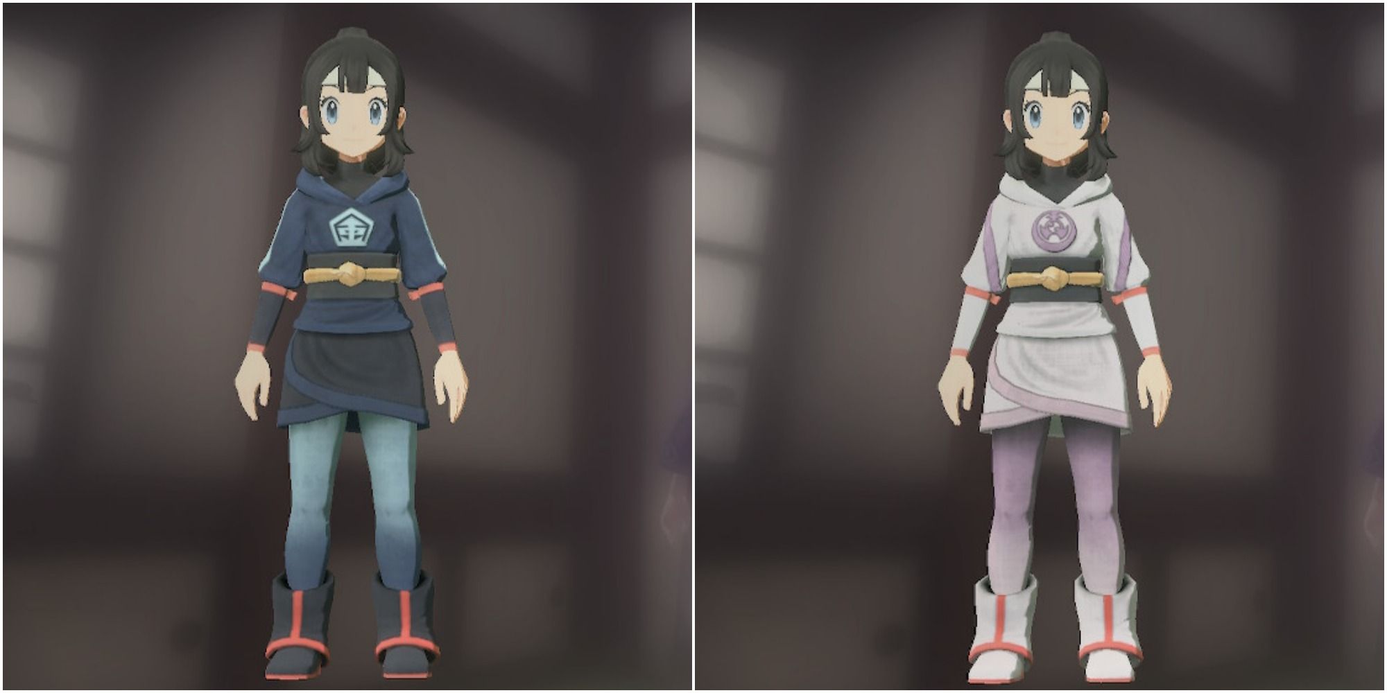 Two split images of the Pokemon Legends Arceus girl trainer wearing the Diamond Clan Out and the Pearl Clan Outfit.
