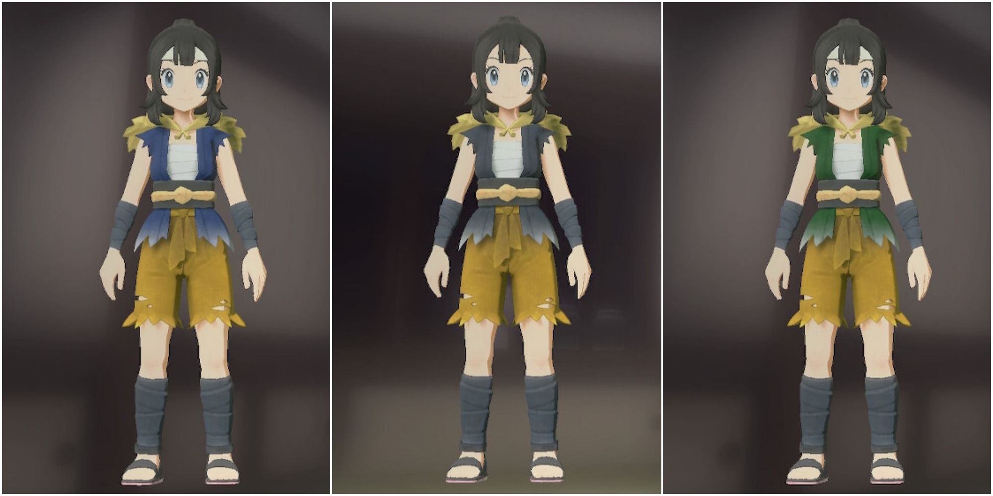 Three split images of the Pokemon Legends Arceus girl trainer wearing the Indigo Bandit Outfit, Dark Slate Bandit Outfit and Pine Bandit Outfit.