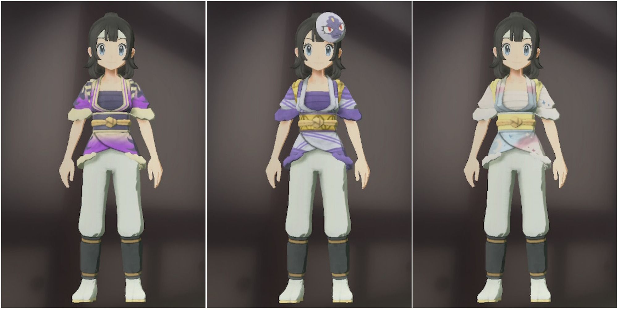 Three split images of the Pokemon Legends Arceus girl trainer wearing the Typhlosion Fancy Kimono, Sneasler Fancy Kimono with Sneasel Festival Mask and Cresselia Fancy Kimono.
