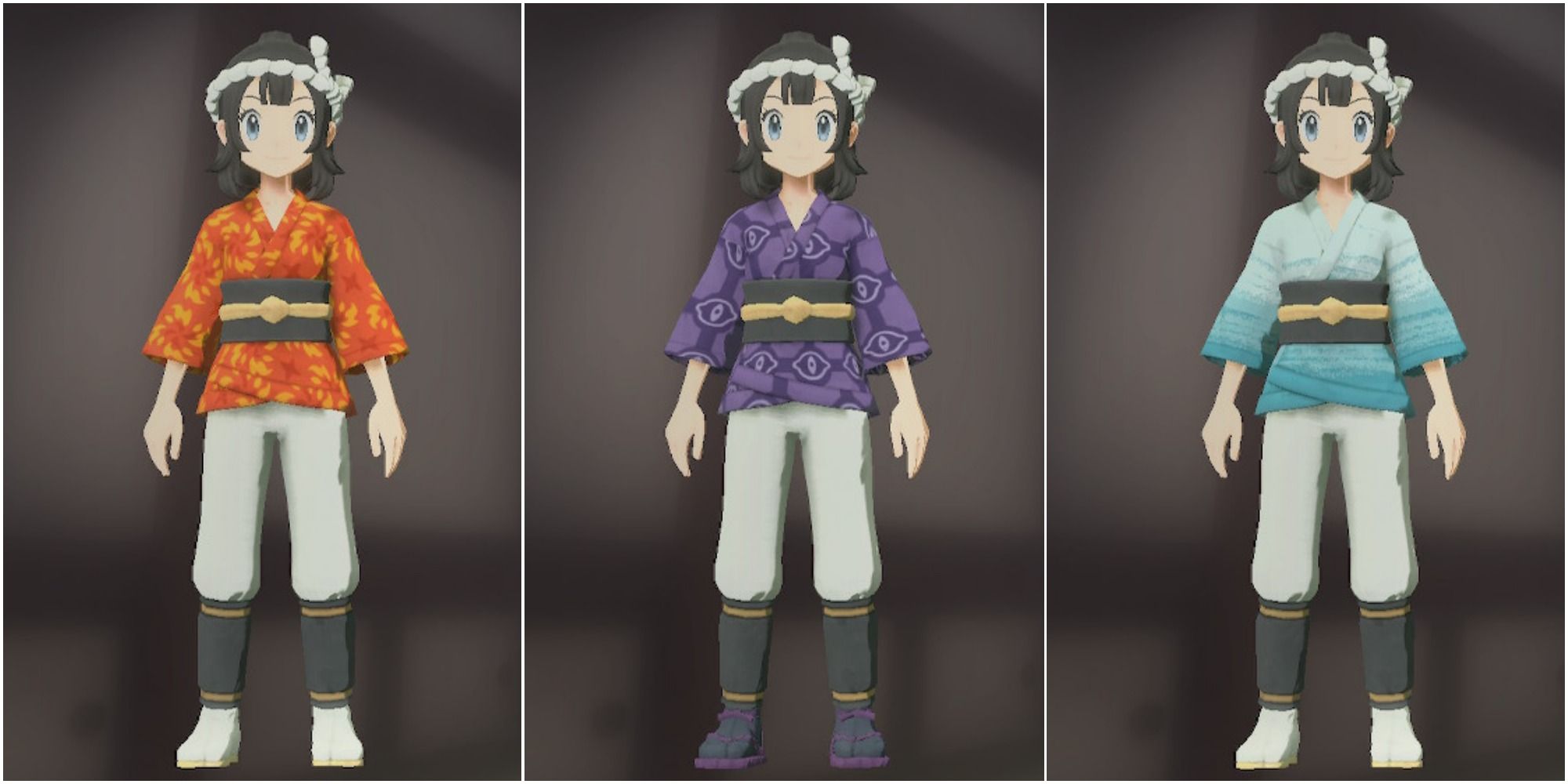 Three split images of the Pokemon Legends Arceus girl trainer wearing the Flame Pokemon Kimono, Spooky Pokemon Kimono and Sky Pokemon Kimono.