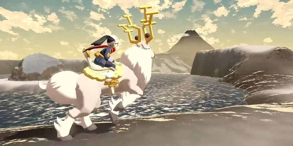 A player riding the Wyrdeer mount in Pokemon Legends Arceus
