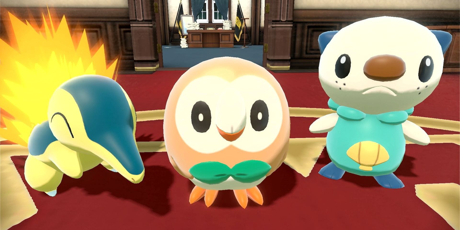 Pokemon Legends Arceus Three Starter Pokemon Cyndaquil, Rowlet, and Oshawott Close-Up