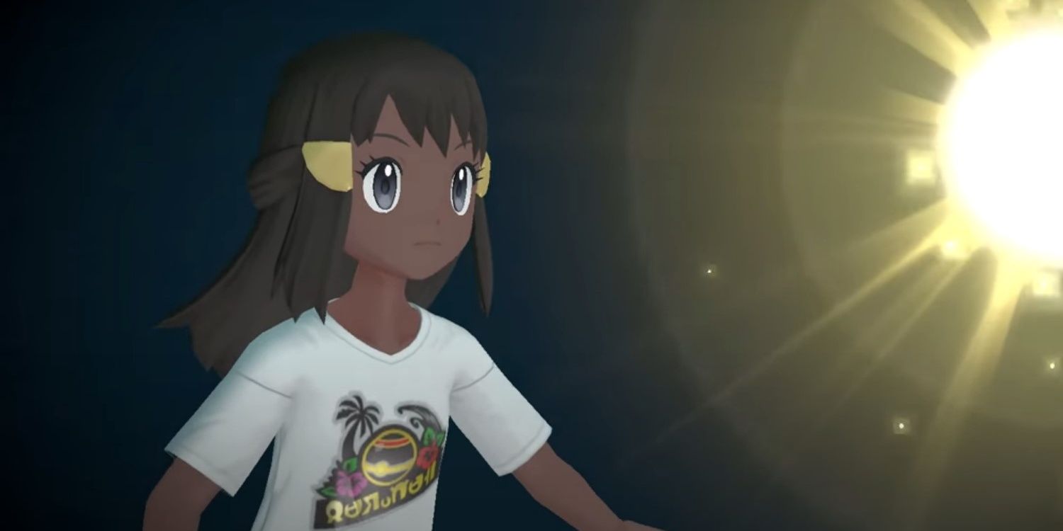 The Pokemon Legends Arceus trainer in the opening cutscene of the game, wearing the Casual Tee and looking at the Arc Phone.