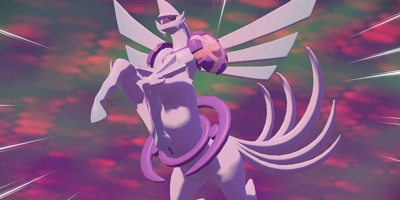 Pokemon Legends Palkia Origin Forme striking an attack pose up close 