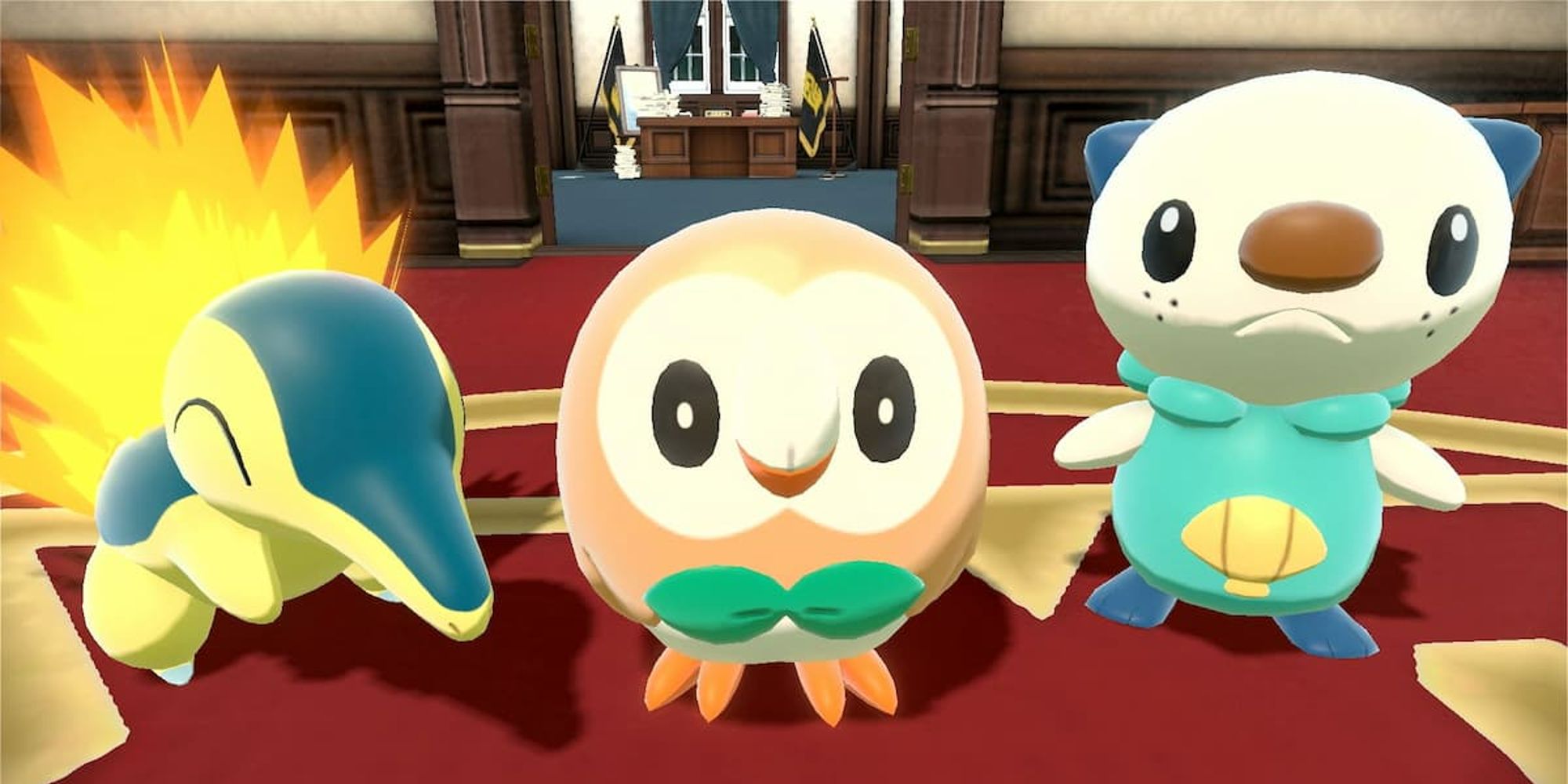 From left to right, Cyndaquil, Rowlet and Oshawott in Pokemon Legends Arceus