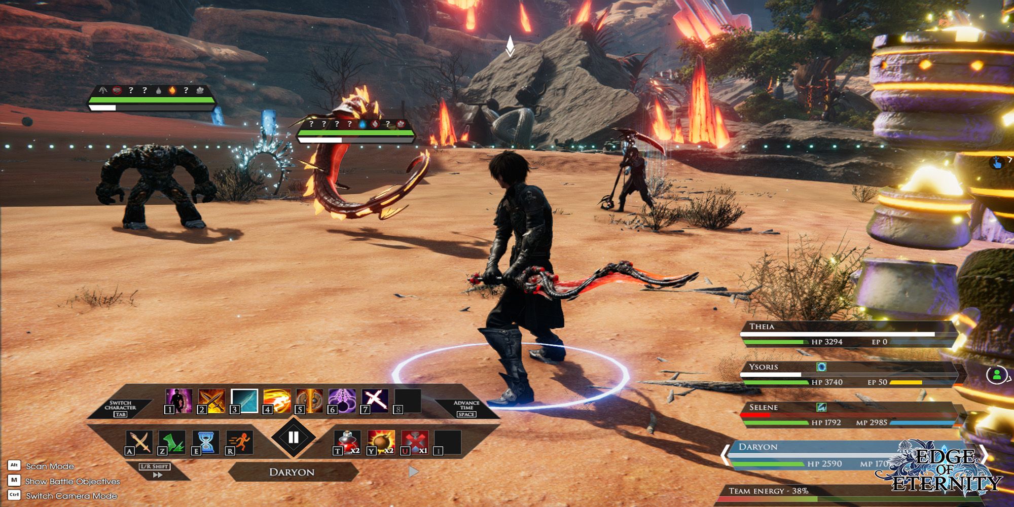 A close-up shot of a battle between Daryon, Ysoris, and other party members against a Gurrn and a dragon-like creature.
