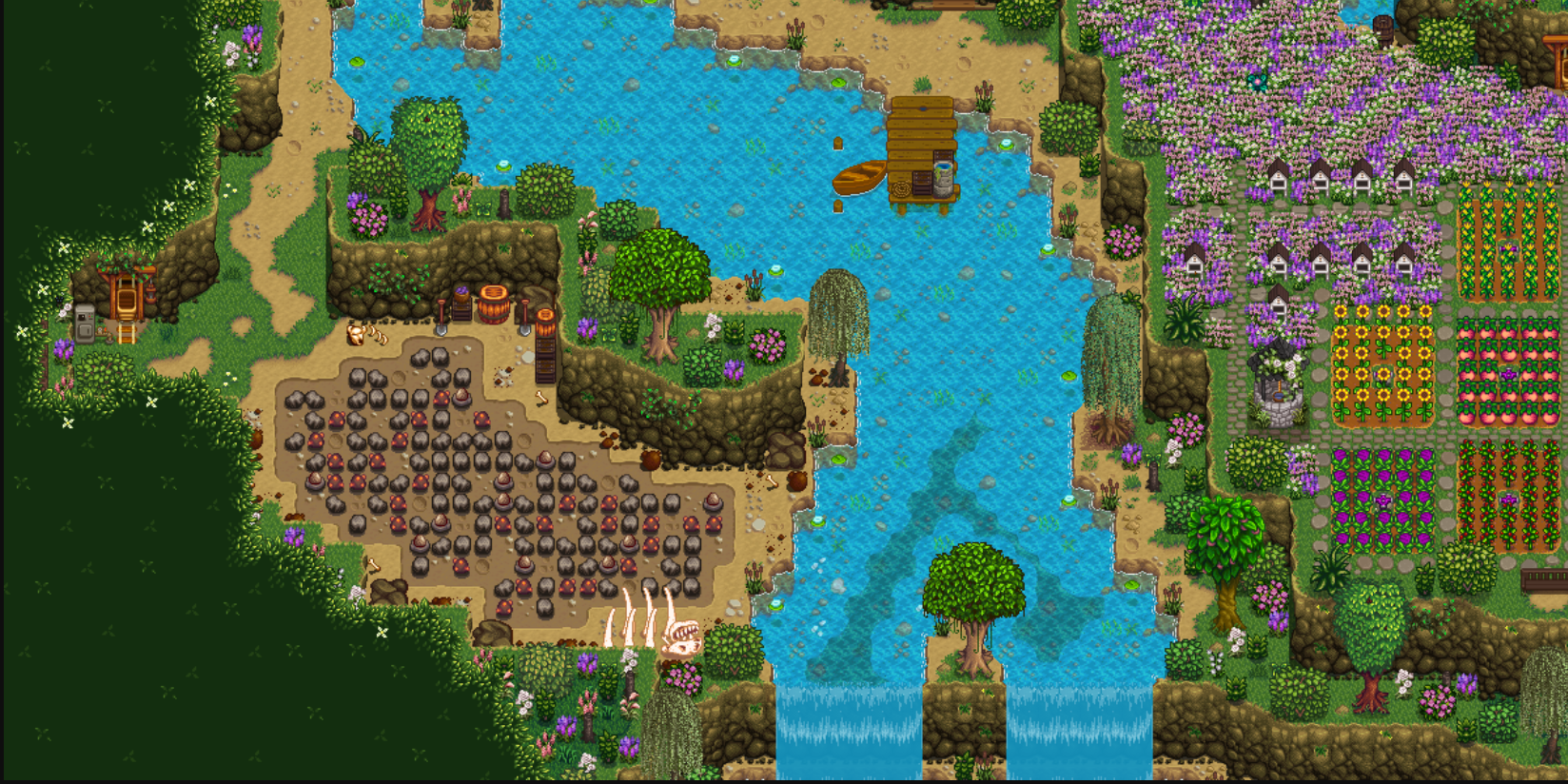 A bird's eye view of the beach quarry on the Immersive Farm 2 Remastered map. To the right, on the other side of the water, four plots of melons and other crops are planted in 6x6 grids.