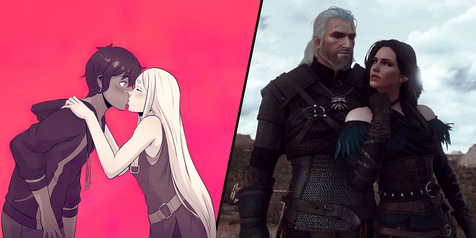 RPG Couples Featured Image (with official art taken from Have showing Kay and Yu kissing, as well as an image take from The Witcher 3 showing Geralt and Yennefer being cozy togerher)