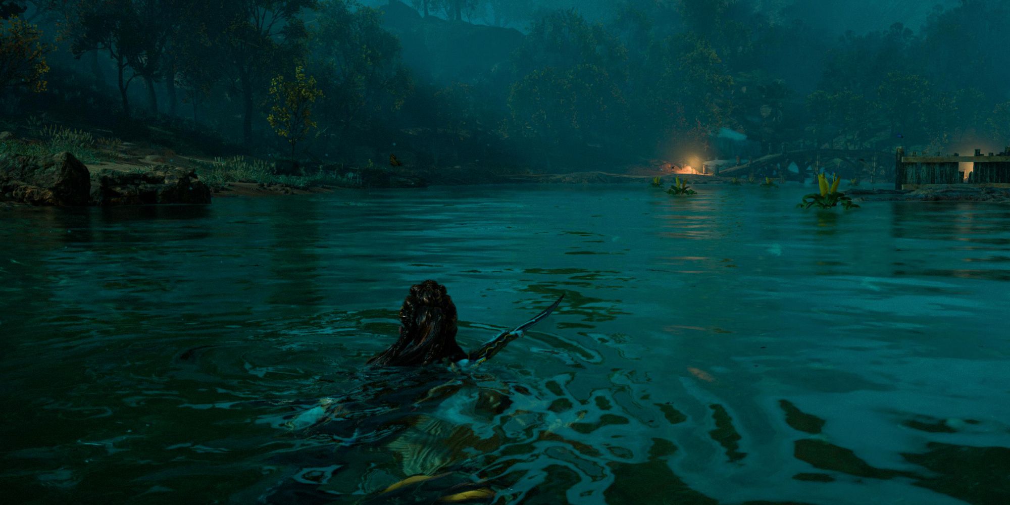 Horizon Forbidden West Aloy in the water. Night time, green and blue lighting.
