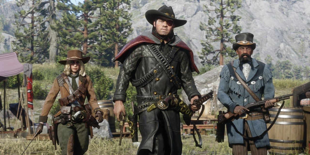 Arthur with the bounty hunter outfit in Red Dead Redemption 2