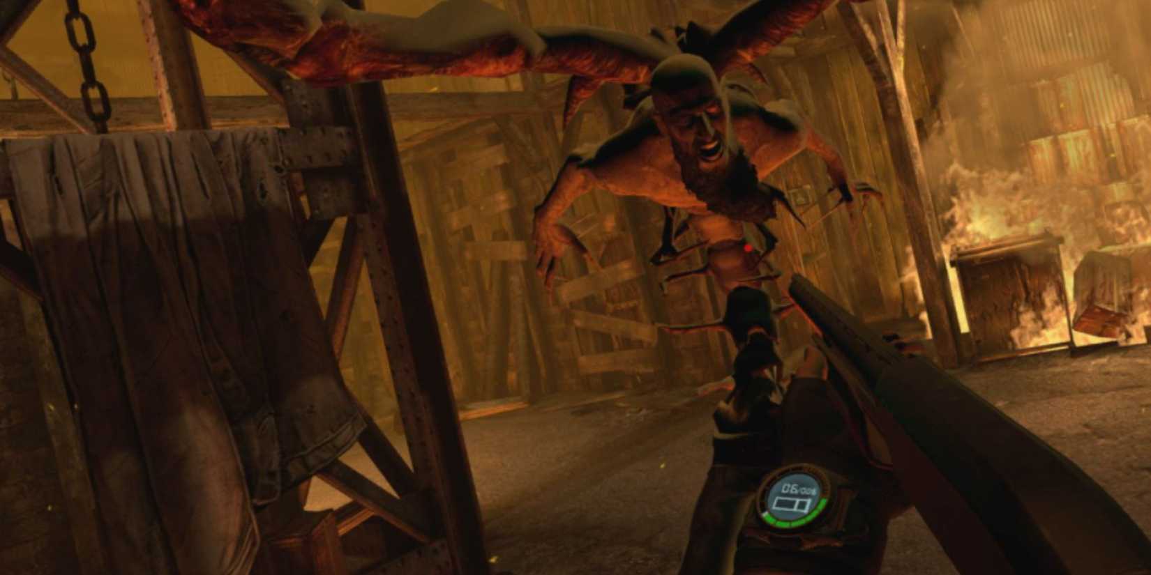 The player with a shotgun engaging in the suspenseful boss battle with Bitores Mendez in Resident Evil 4 VR.