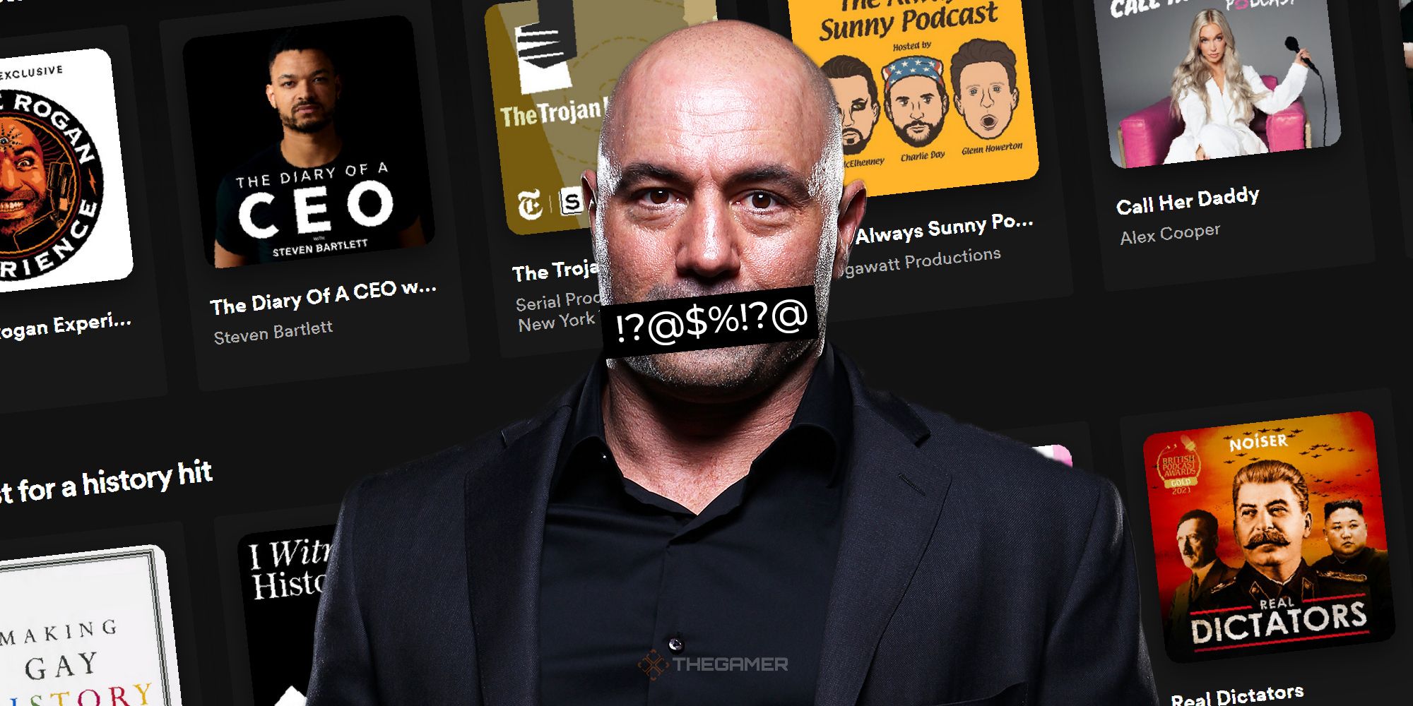 joe rogan in front of spotify podcasts with expletive symbols covering his mouth