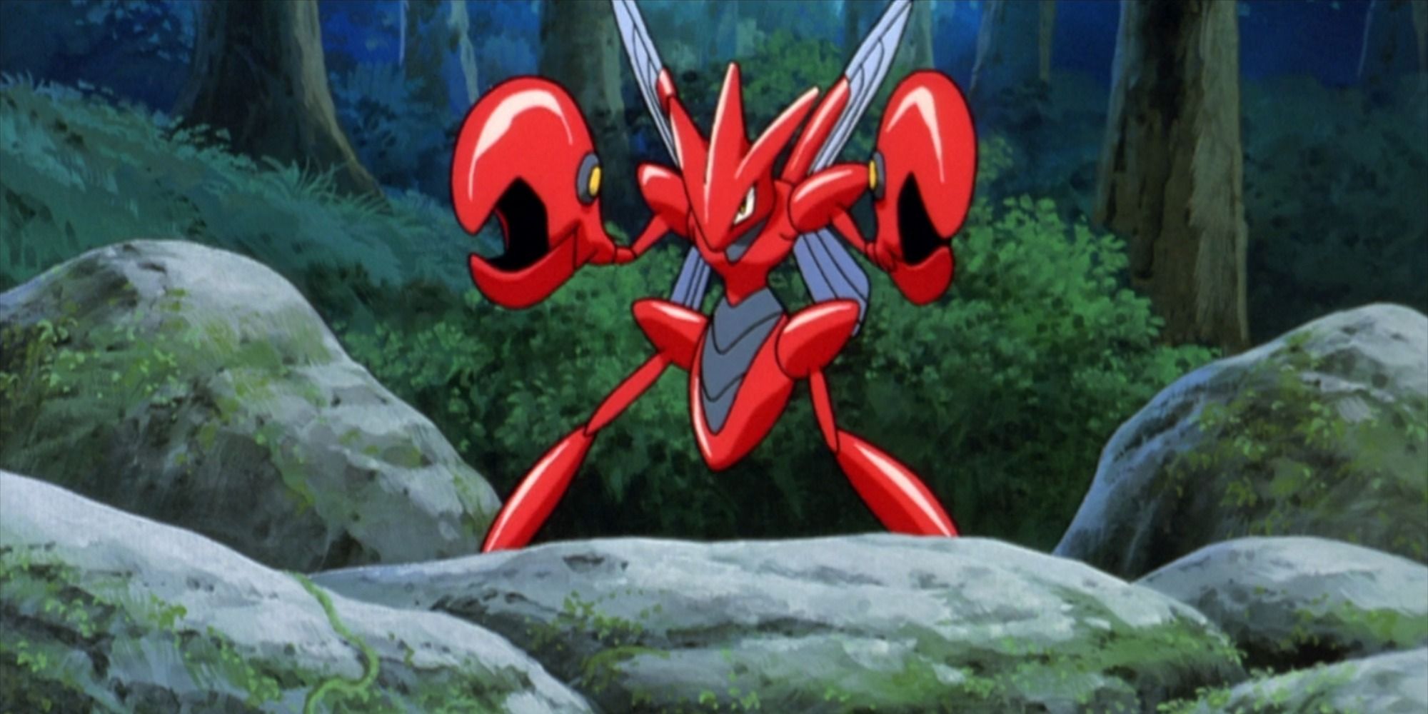 Pokemon: Scizor in the center with rocks surrounding him in the Pokemon Anime.