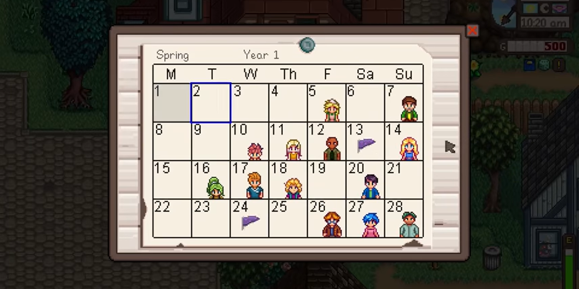 The Stardew Valley Calender, showing birthdays of the Pelican Town and Ridgeside Village residents.