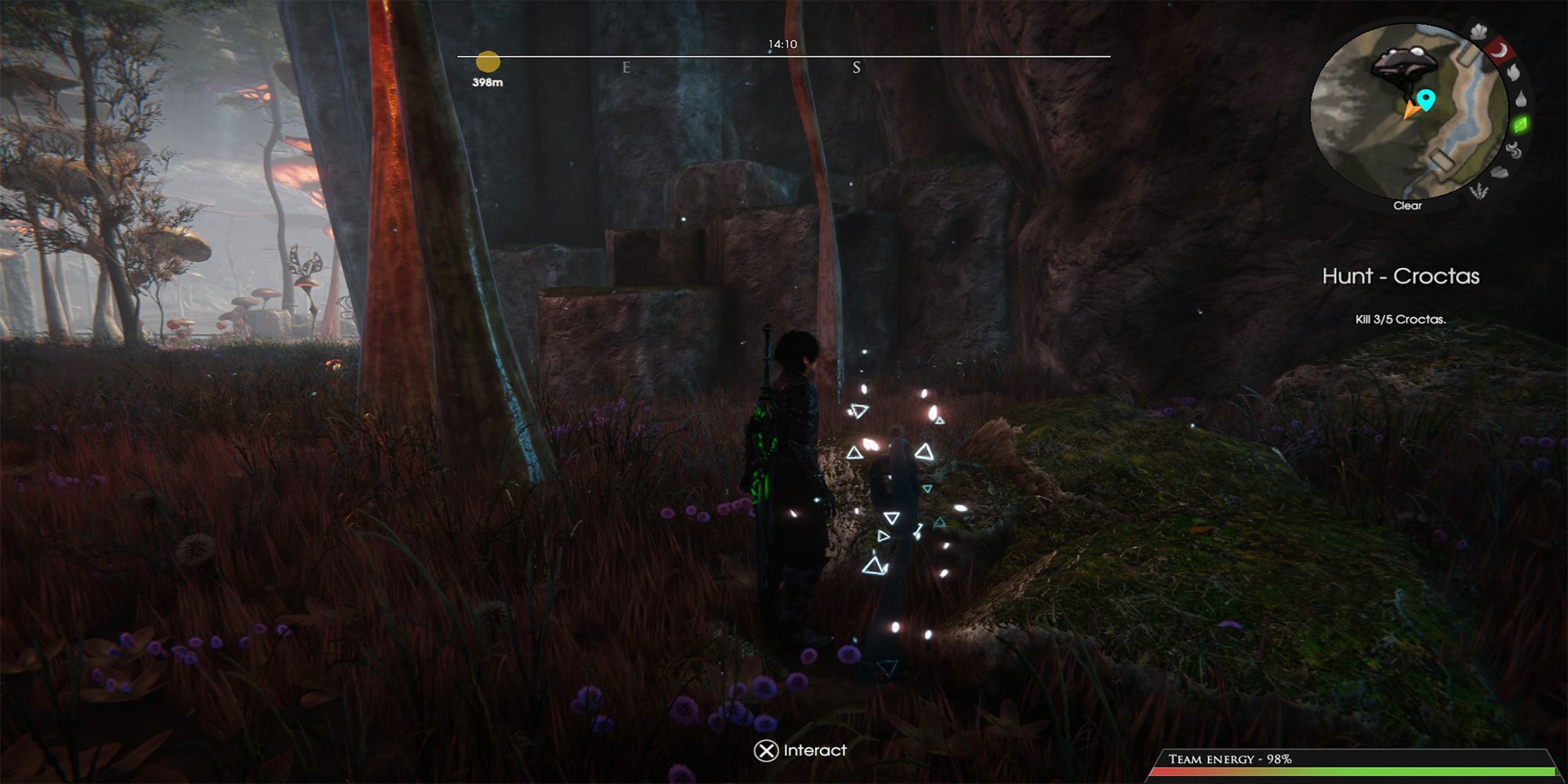 Daryon looks at a glowing harvesting material in the center of Herelsor's swamp in Edge of Eternity.
