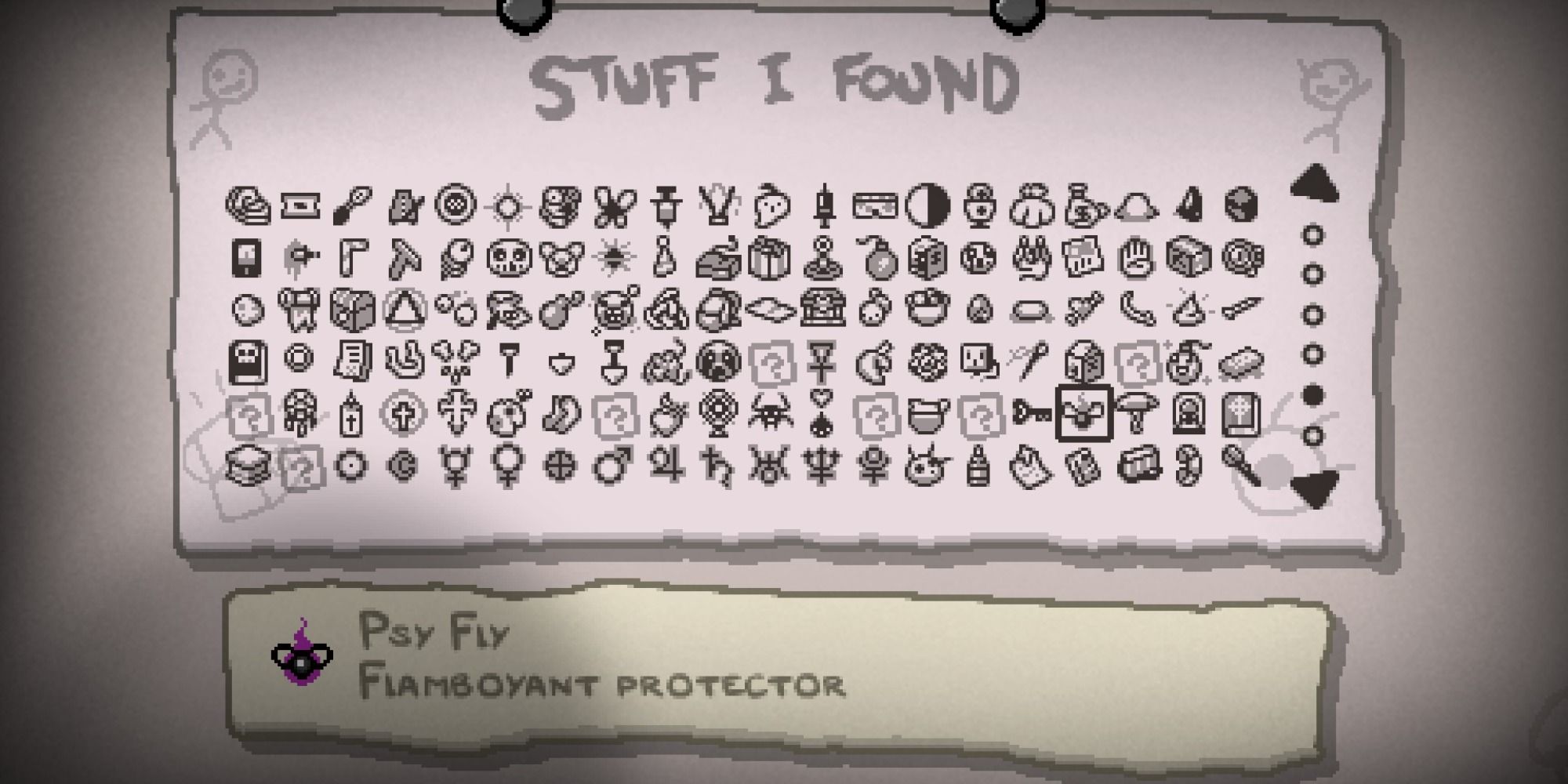 Binding of Isaac Items List with Psy Fly highlighted at the bottom