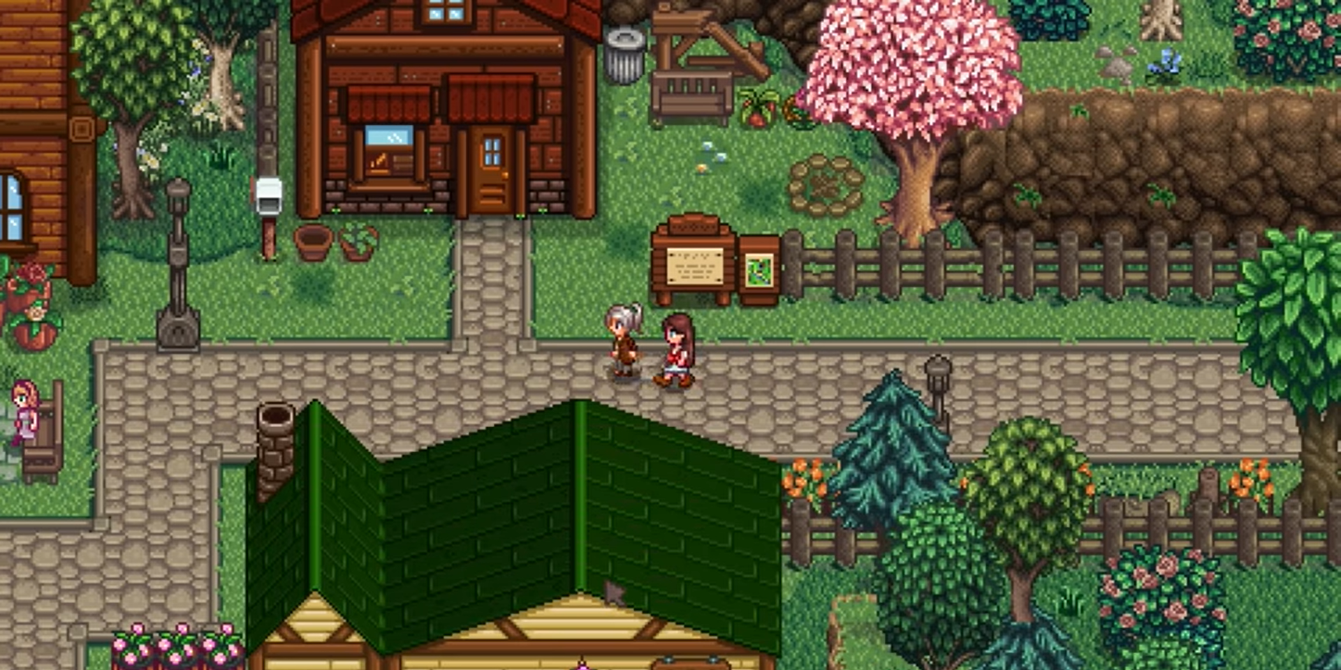 Lenny takes a new farmer on a tour of Ridgeside Village. Above them, a broken down special requests board is hidden behind a bench.
