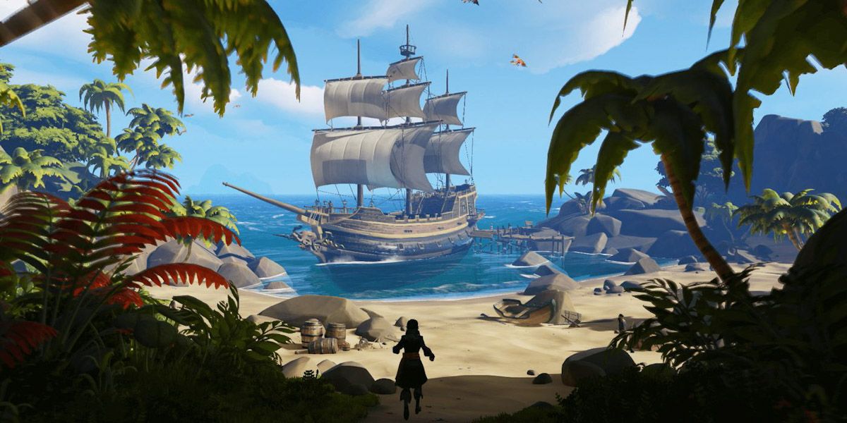 Sea Of Thieves landscape shot with pirate on island facing ship