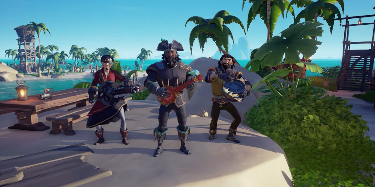 Sea Of Thieves shot of group of 3 pirates holding instruments