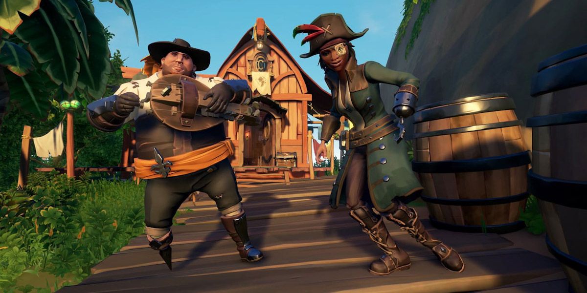 Sea Of Thieves shot of 2 sailors with instruments