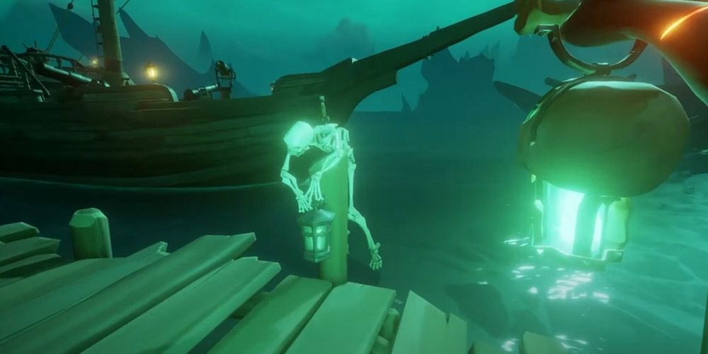 Sea Of Thieves shot of skeleton hunched over on dock