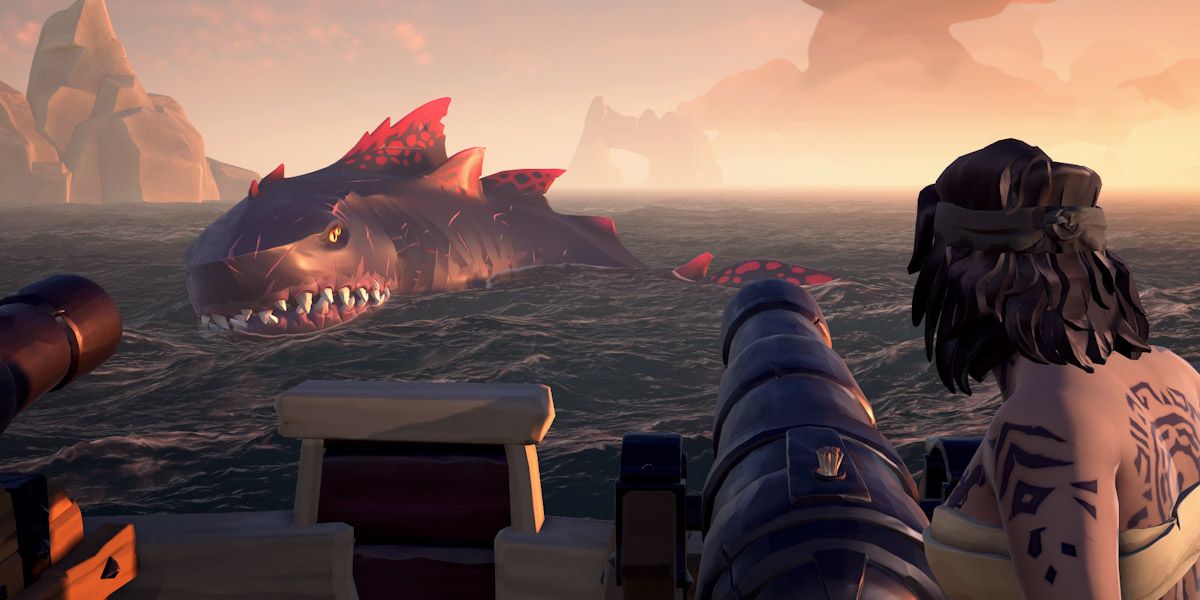 Sea Of Thieves shot of megalodon and sailor