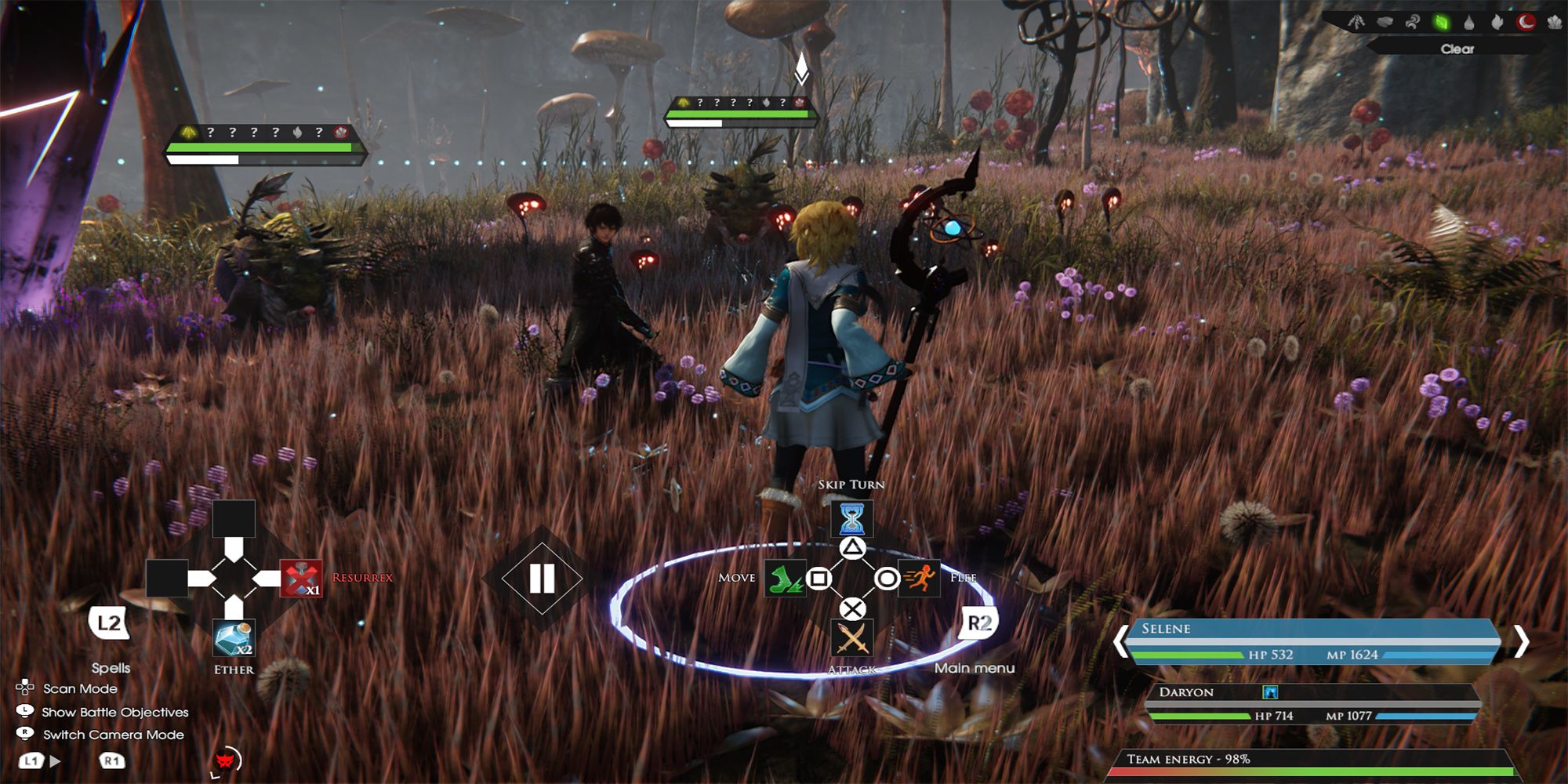 Selene chooses an action while in battle against two orokkos in the Marsh of Alasea in Edge of Eternity.