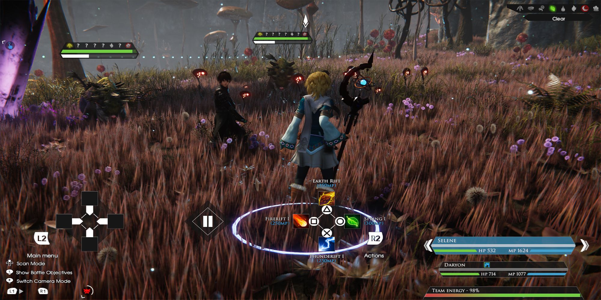 Selene chooses from her spell menu while facing off with Daryon against two orokkos in the Marsh of Alasea in Edge of Eternity.
