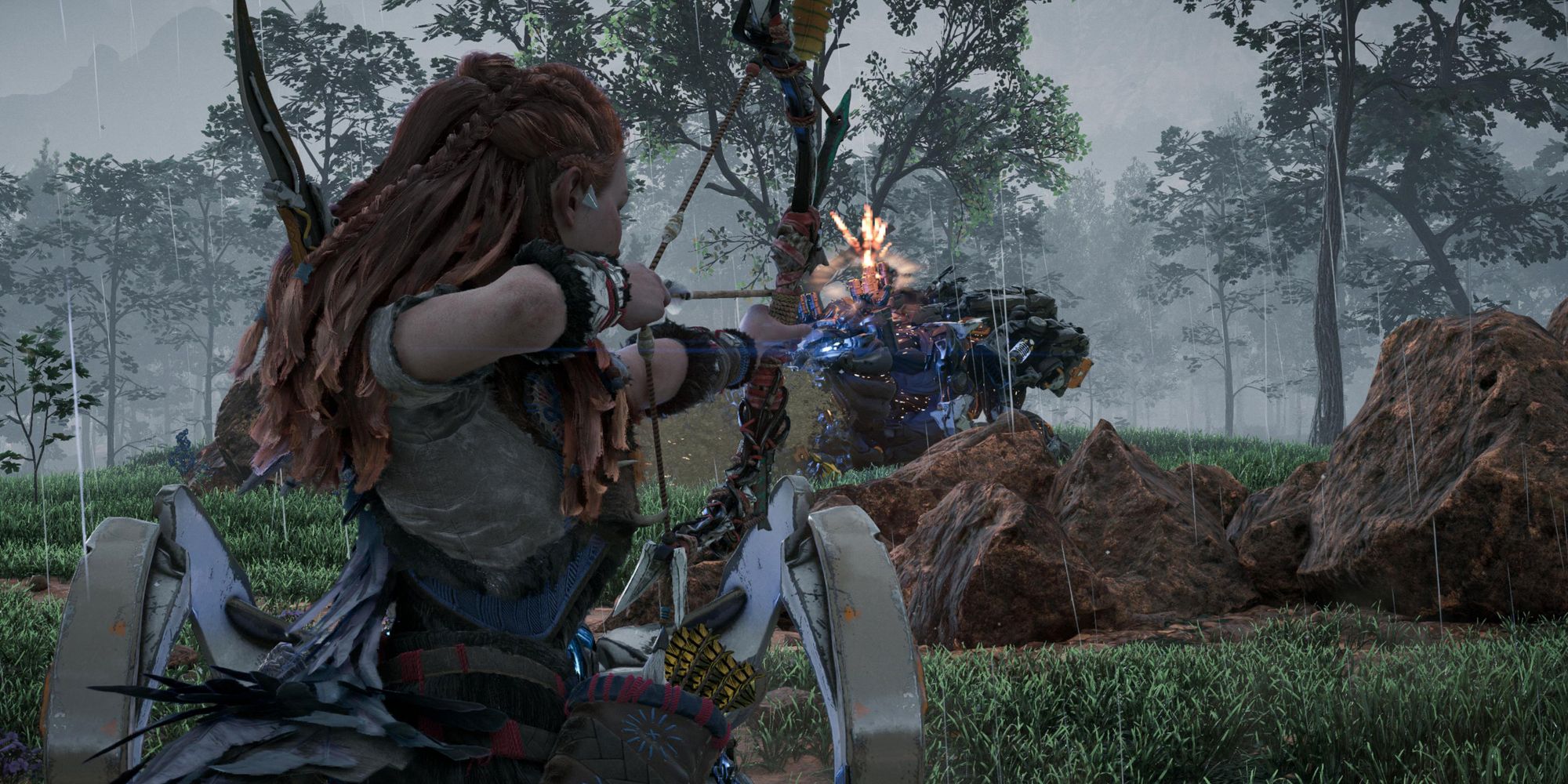 Horizon: Forbidden West, Aloy aiming at a machine while riding a mount.