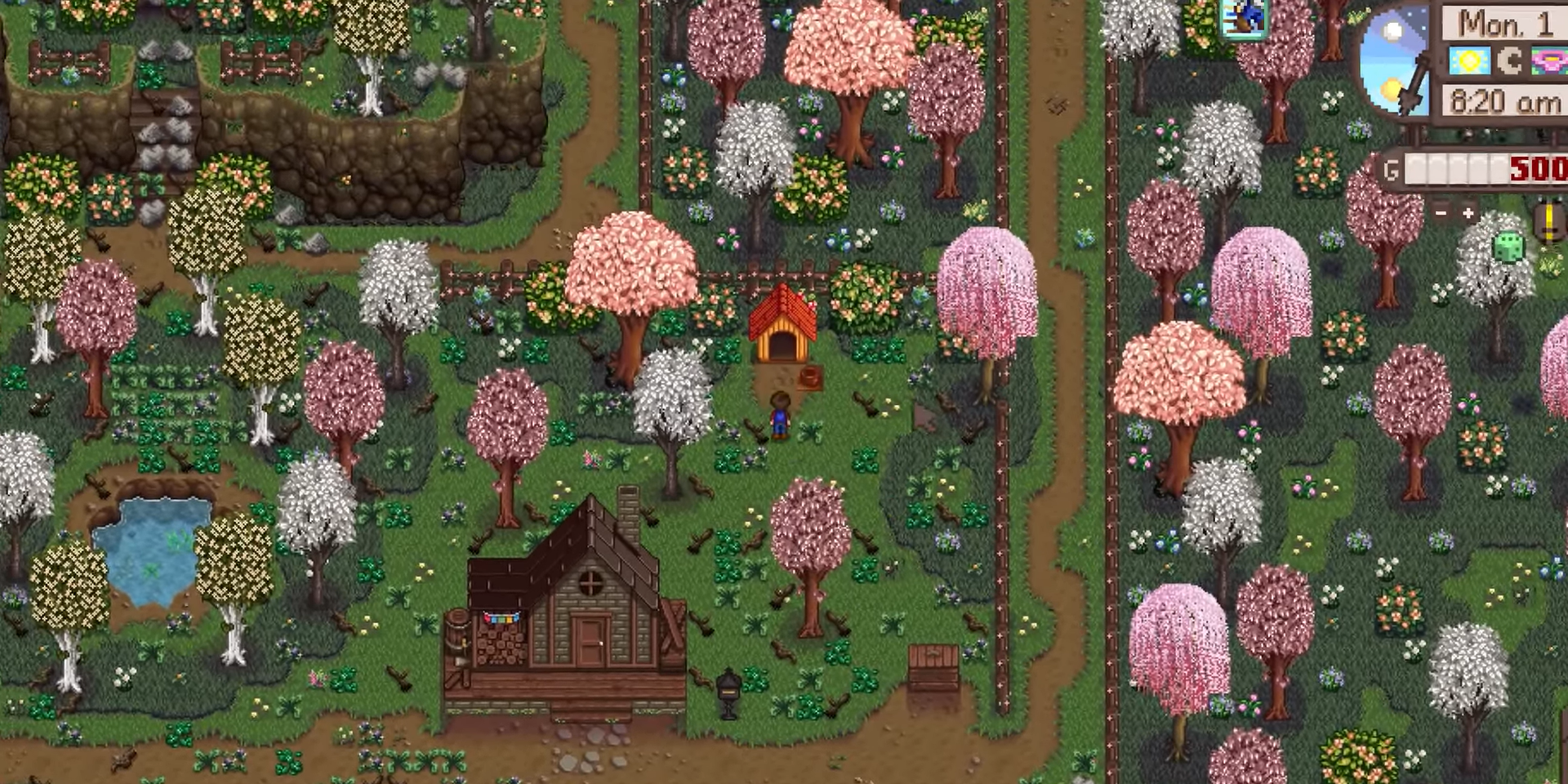 A farmer stands in front of the pet house on the Grandpa's Farm map. Their farmhouse is behind them, and they are surrounded by trees and branches.