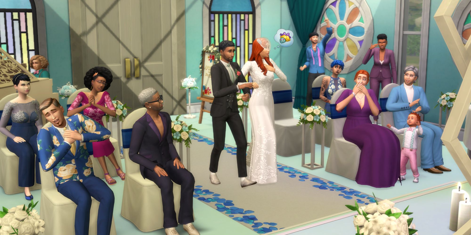 Sims 4 wedding ceremony with a sim walking down the aisle