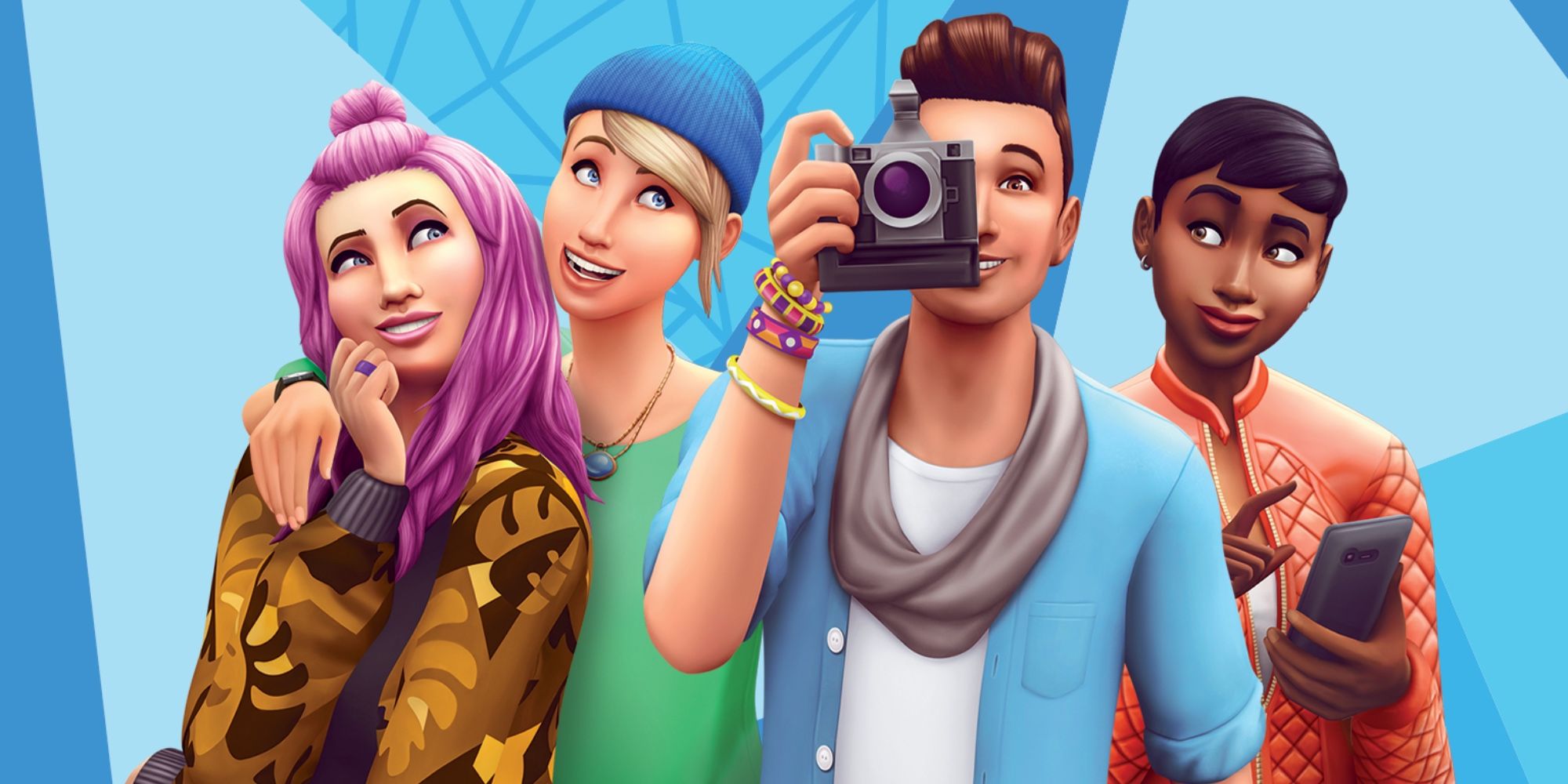 Two sims posing and smiling, one holding up a camera, and the other using their phone