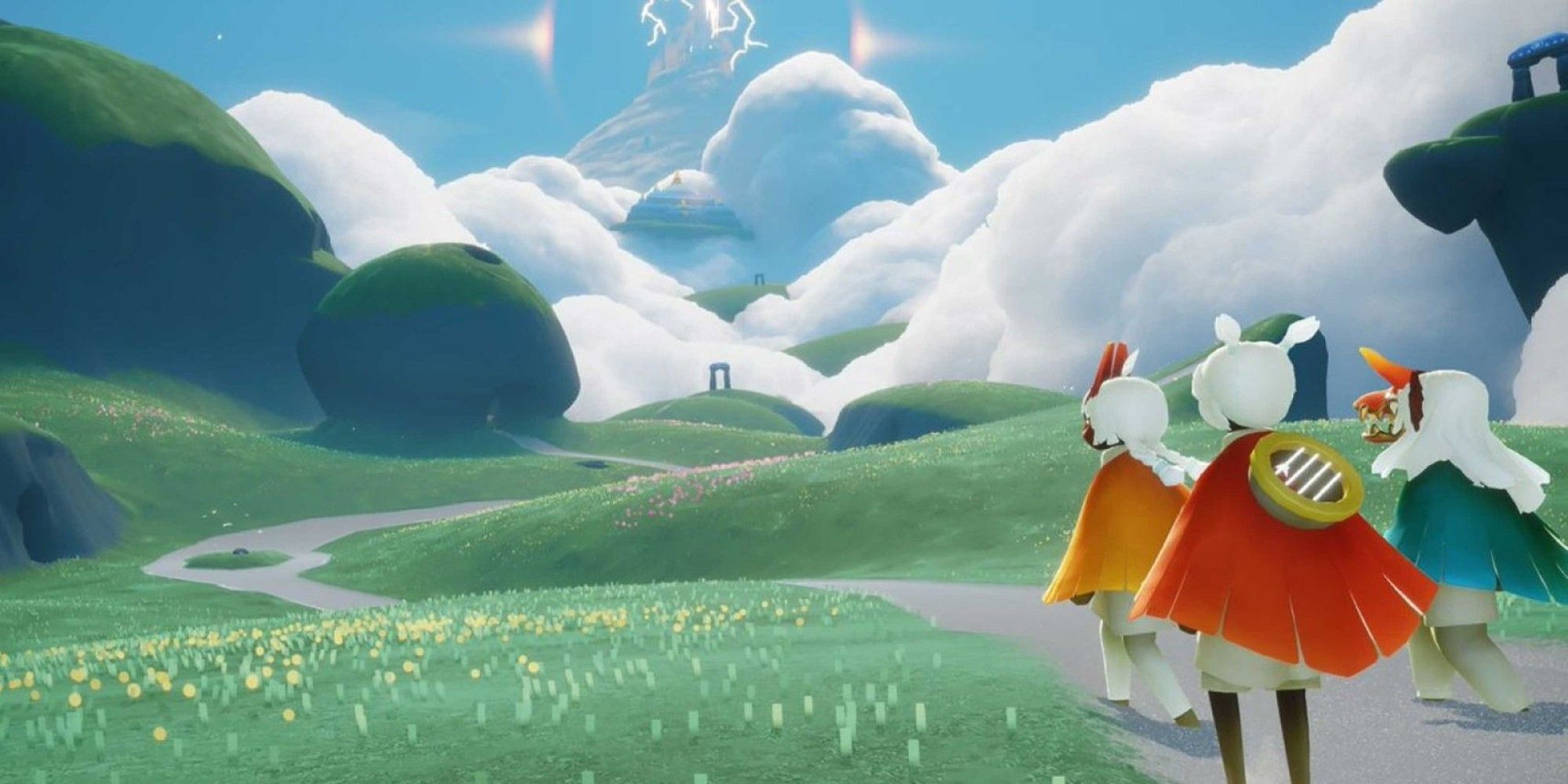 Sky Children of the Light characters looking at a grassy field with a path in the middle