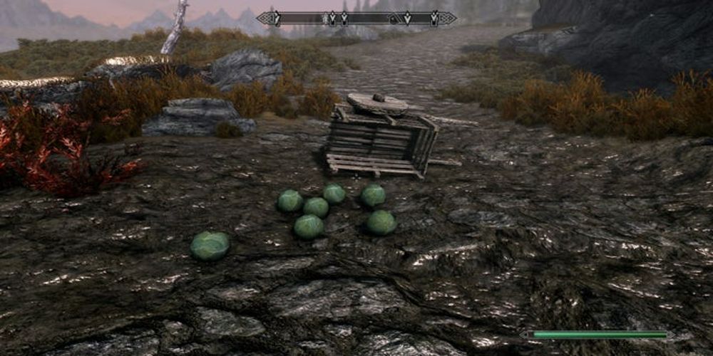 A tipped over wheelbarrow with cabbages on the floor in Skyrim