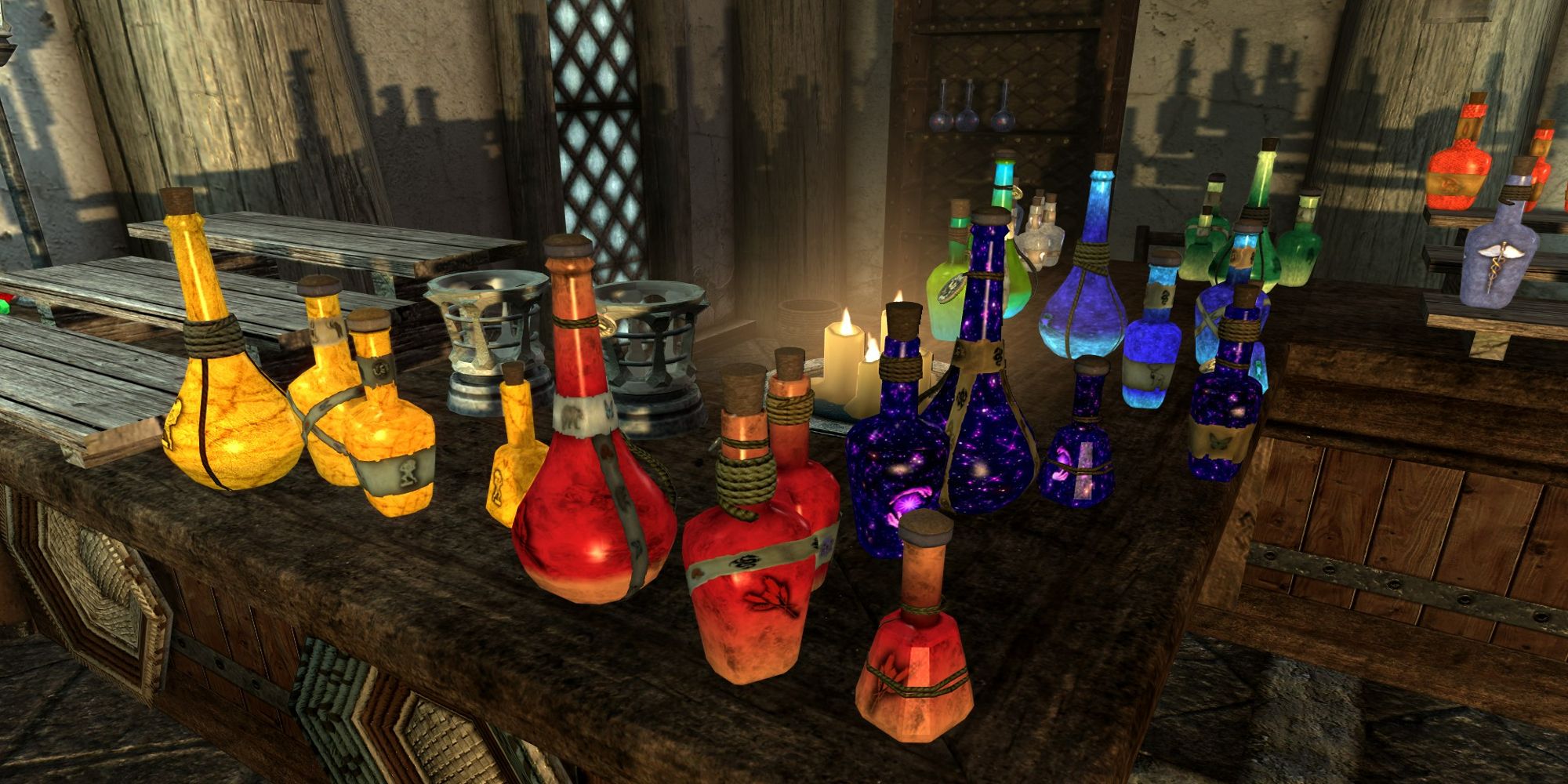 A featured image for Skyrim featuring all the unique potions in the game