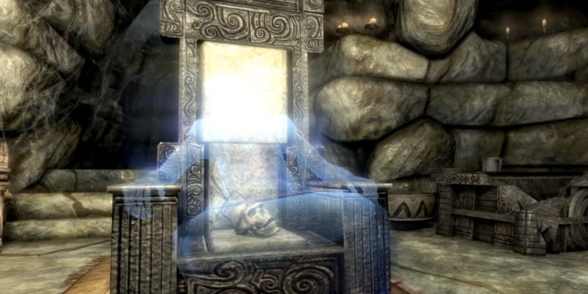Skyrim Ghost Sitting On A Throne In A Dungeon