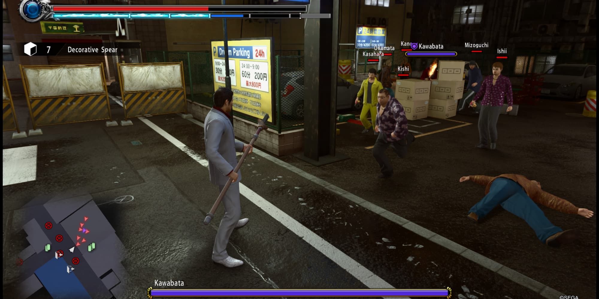 Kiryu attacking some enemies in a parking lot with a spear