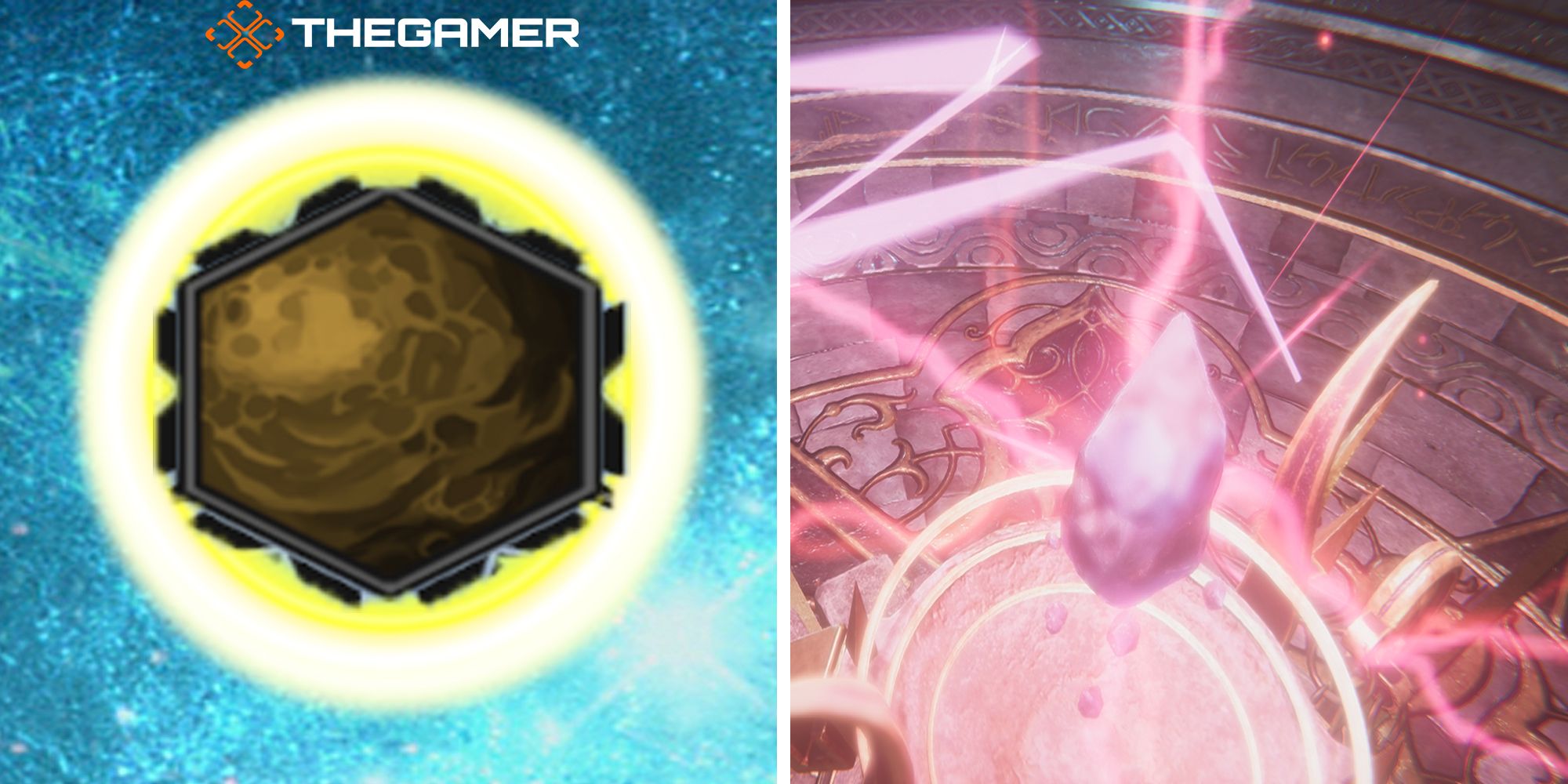 A close-up view of a shining shard gem (left). A gemstone is filled with power during the mysterious Ascendance ritual (right). Edge of Eternity.